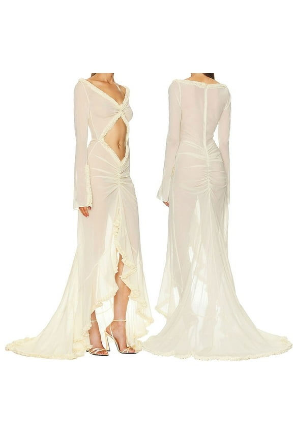 Brilliant Long Sleeve Dresses for Women for Wedding Maxi Women's High-end Temperament,Age Reducing Style,Slim Fitting,Sexy,and Navel Exposed Dress White S