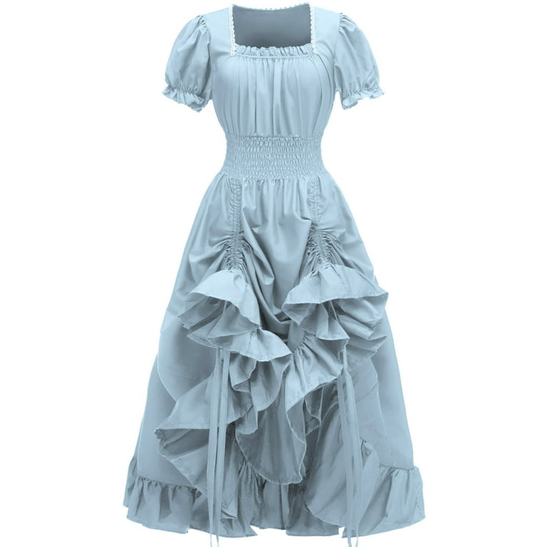 BeaUTT Brilliant Maxi Dresses for Women Clearance Under Women Solid Color Cosplay Medieval Neck Short Sleeved Dress Blue M Women s Size Medium