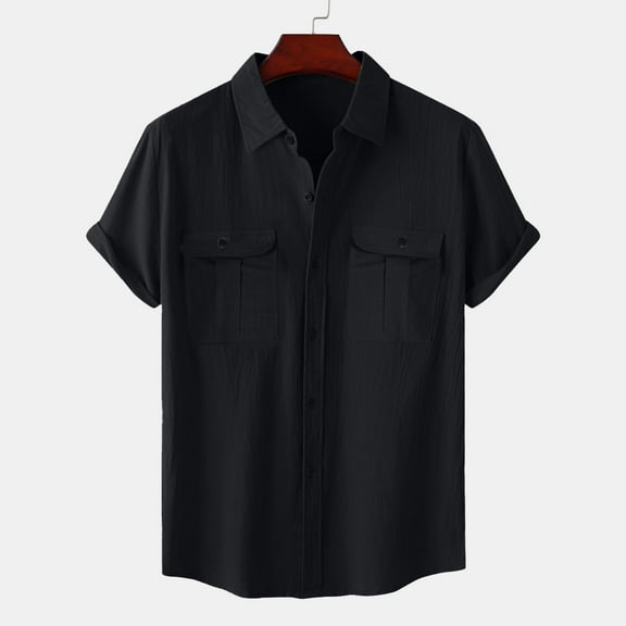 Brilliant Mens Shirts Clearance under $5.00 Men's Fashion Vacation Solid Color Cotton Linen Double Pocket Casual Shirts Short Sleeves Black XXXL