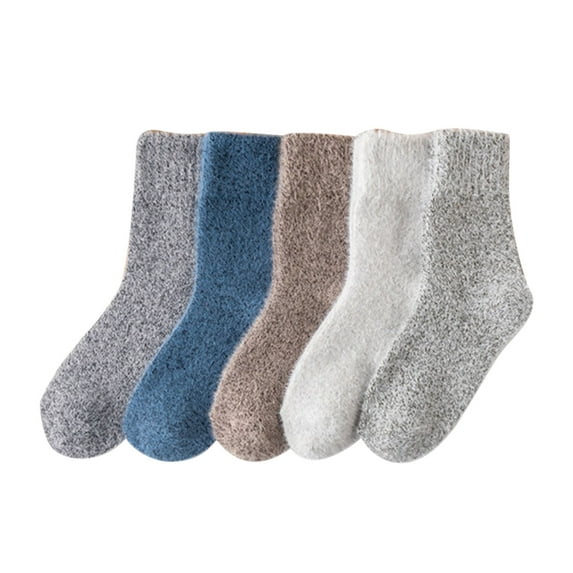 Brilliant Mens Winter Socks Mens Socks 5 Pairs Socks Unisex Gifts Solid Casual Winter Warm Wool Knit Soft Cotton Thick Vintage Crew Socks clearance clothes under $5.00