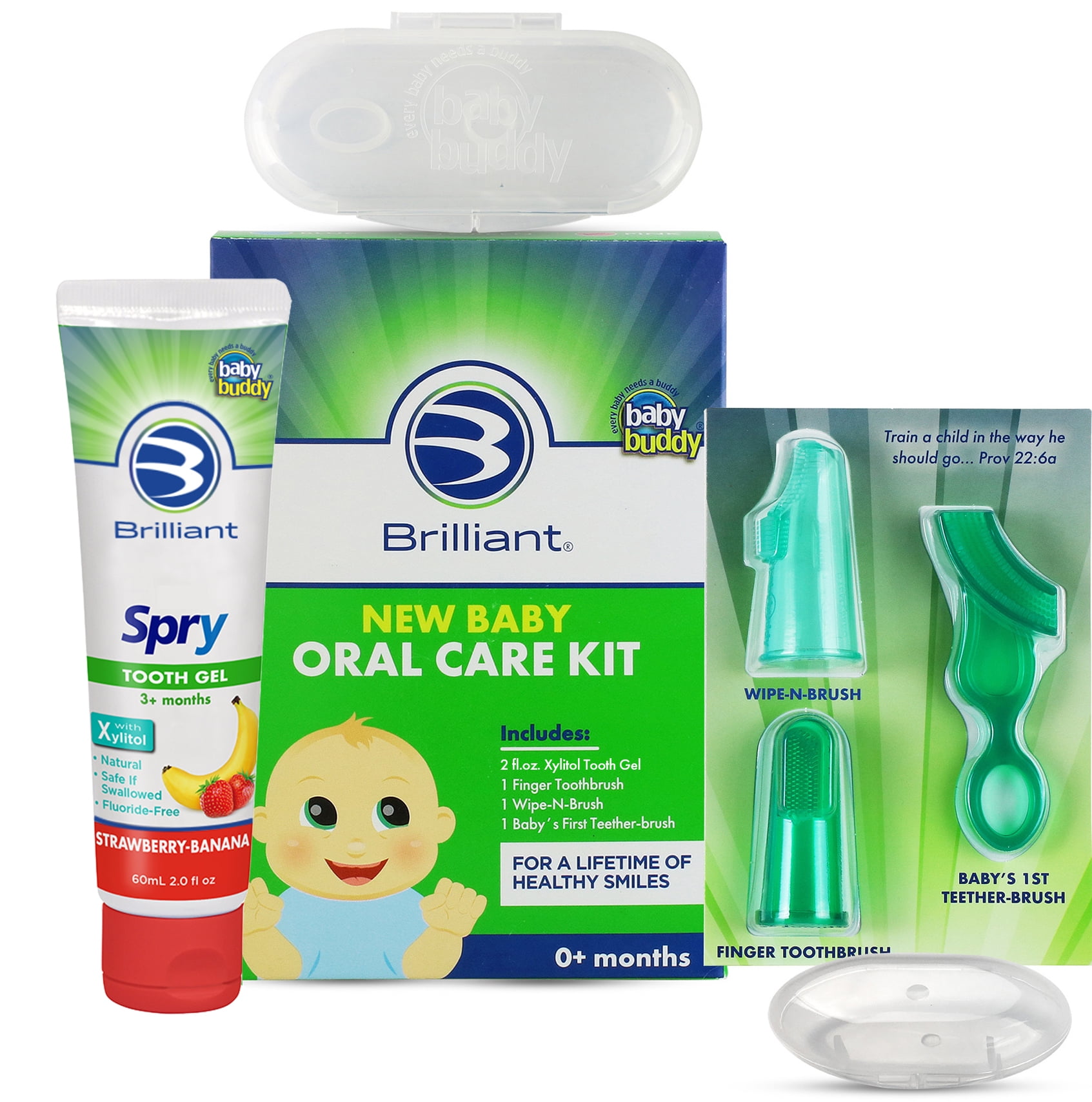 Brilliant New Baby Oral Care Kit with Xylitol Wipes and Soft Silicone Toothbrushes - Shower Gift  - Green - 0-6 Mos