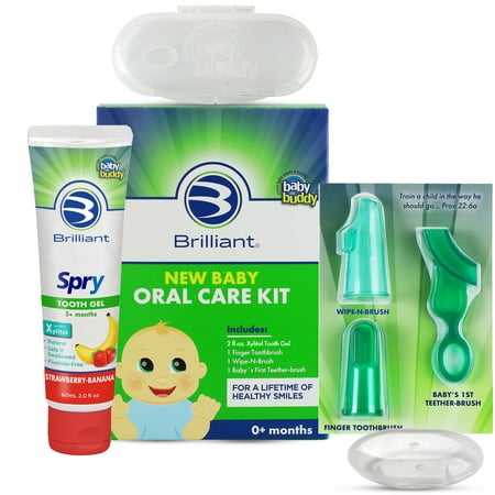 Brilliant New Baby Oral Care Kit with Xylitol Wipes and Soft Silicone Toothbrushes - Shower Gift  - Green - 0-6 Mos