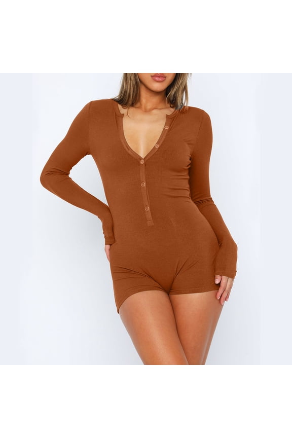 Brilliant New Summer Overall Shorts for Women Sexy Casual Bodysuit Ribbed Rompers Workout Sport Jumpsuits Brown XXL