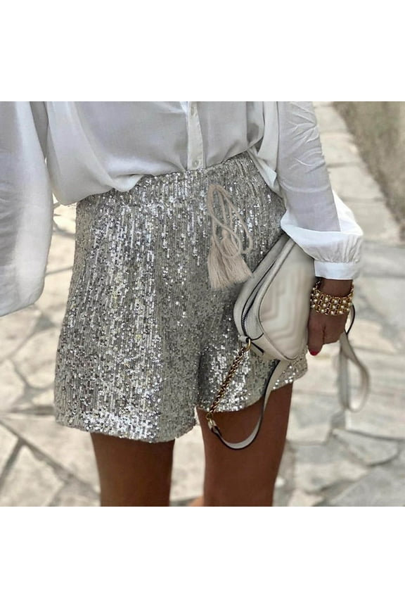 Brilliant New Summer Women Sequins Shorts High Waist Casual Loose A Line Hot Pants Sparkly Clubwear NightOut Party Skorts Silver L