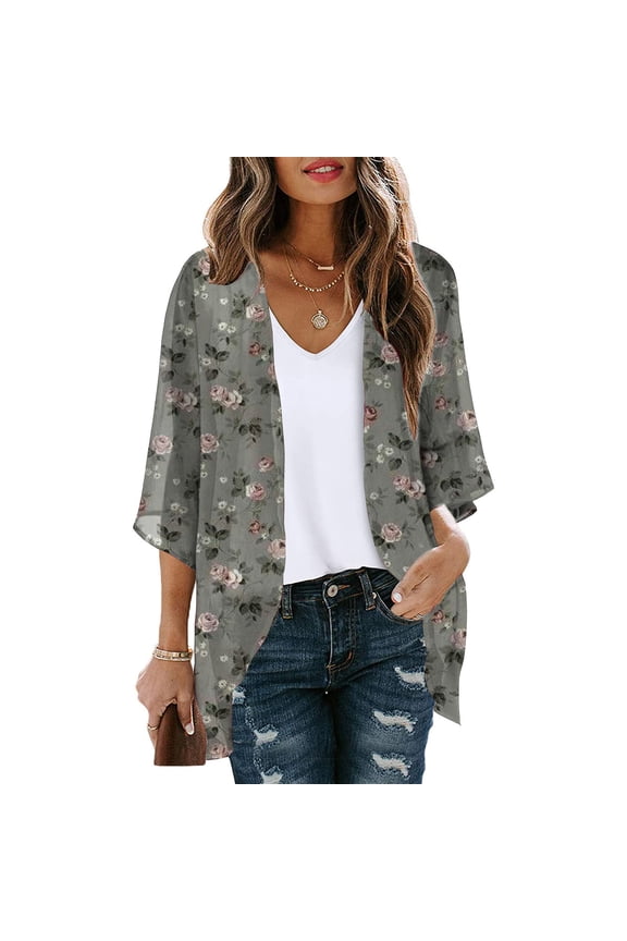 Brilliant Open Cardigan for Women Women's Floral Print Puff Sleeve Kimono Cardigan Loose Chiffon Cover Up Casual Blouse Tops clothes under $10.00