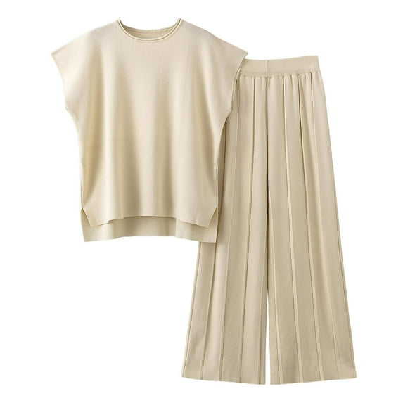 Brilliant Pants for Women Plus Size Wide Leg Women's Fashion Versatile Round Neck Long Sleeve Loose Pants Set for Women Beige L