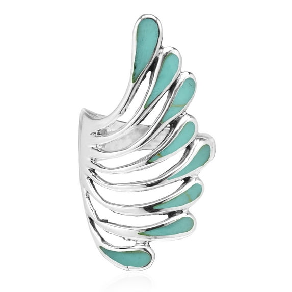 Brilliant Peacock Feathers with Green Turquoise Inlays Sterling Silver Ring - 9
