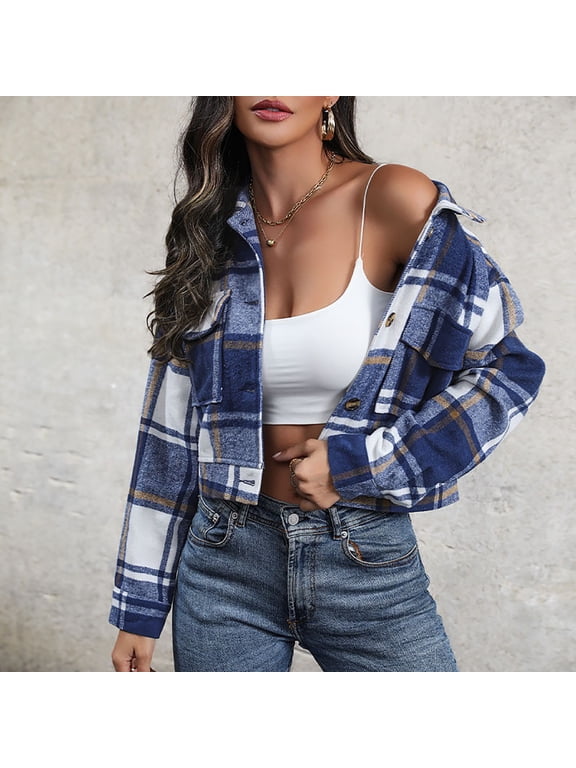 Brilliant Plus Size Clearance Flannels for Women Cropped Shacket Jacket Fashion Plaid Button Down Shirt 2024 Fall Spring Winter Coat Tops Blue XL