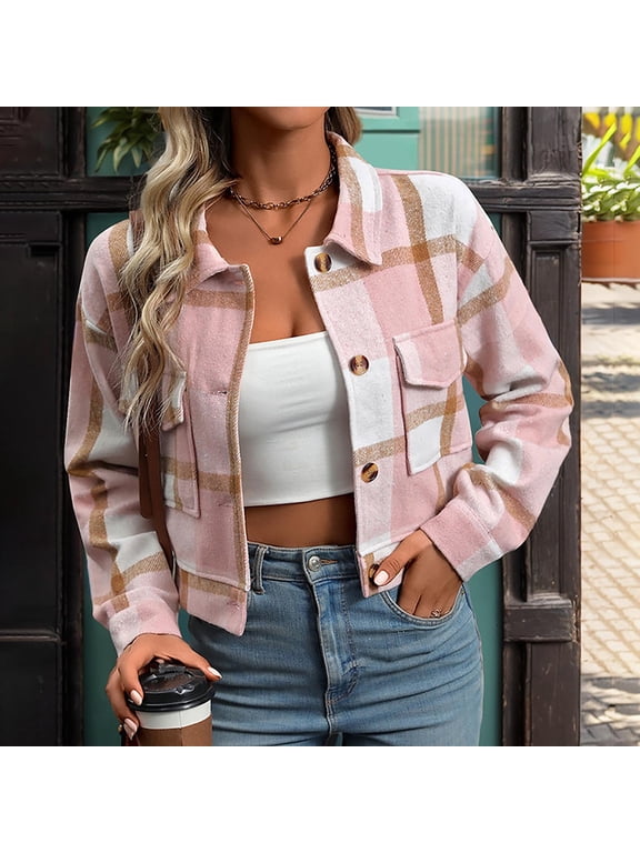 Brilliant Plus Size Clearance Flannels for Women Cropped Shacket Jacket Fashion Plaid Button Down Shirt 2024 Fall Spring Winter Coat Tops Pink M