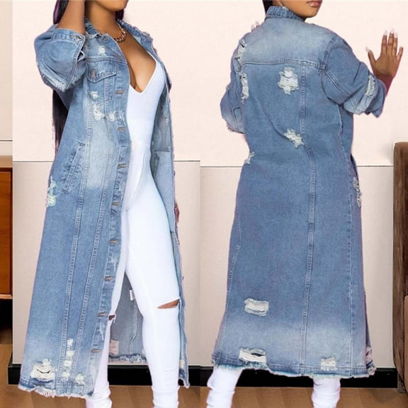 Brilliant Plus Size Clearance Long Denim Jackets for Women Denim Dress Tops Women's Spring 2025 Long-Sleeved Casual Button Loose Jacket with Burrs and Holes Blue S