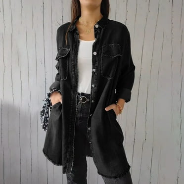 Brilliant Plus Size Clearance Long Denim Jackets for Women Denim Jackets Women's Solid Color Washed Denim Washing Process Long Shirt Casual Denim Jacket Black S