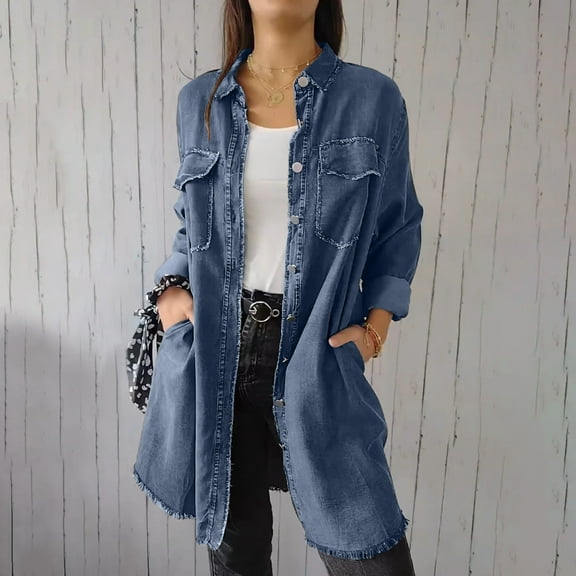 Brilliant Plus Size Clearance Long Denim Jackets for Women Denim Jackets Women's Solid Color Washed Denim Washing Process Long Shirt Casual Denim Jacket Blue L