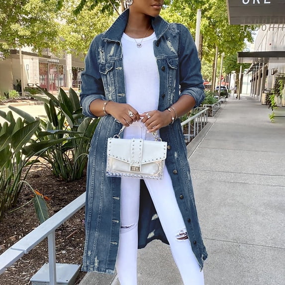 Brilliant Plus Size Clearance Long Denim Jackets for Women Denim Dress Tops Women's Mid Length Casual Handsome Distressed Long Trench Coat Blue XXL