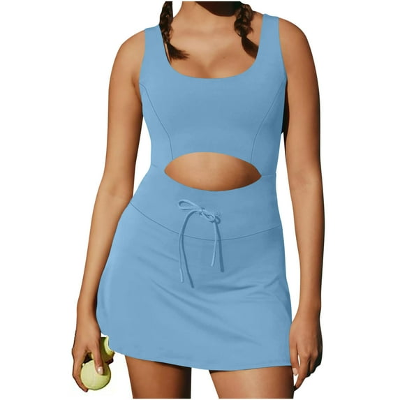 Brilliant Plus Size Clearance Tennis Dress for Women Workout Dress with Built in Shorts and Bra Cut Out athletic Dresses Blue XL