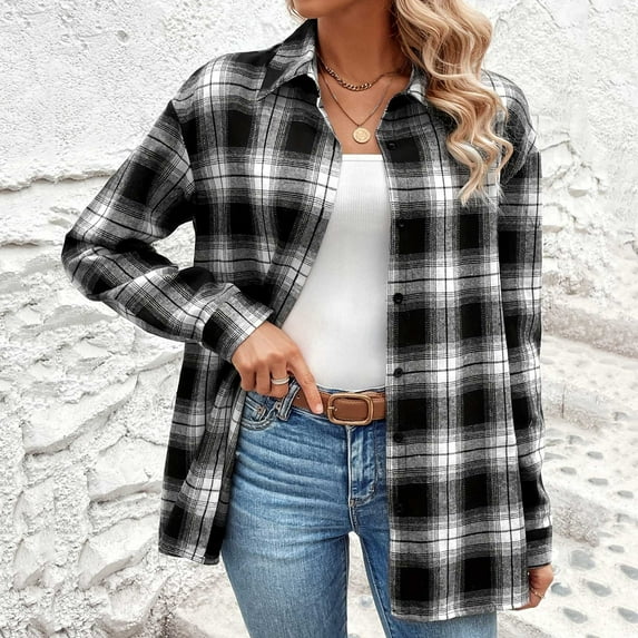 Brilliant Plus Size Clearance Women's Flannel Plaid Shacket Long Sleeve Button Down Shirts Jacket Coats with Side Pockets Black L