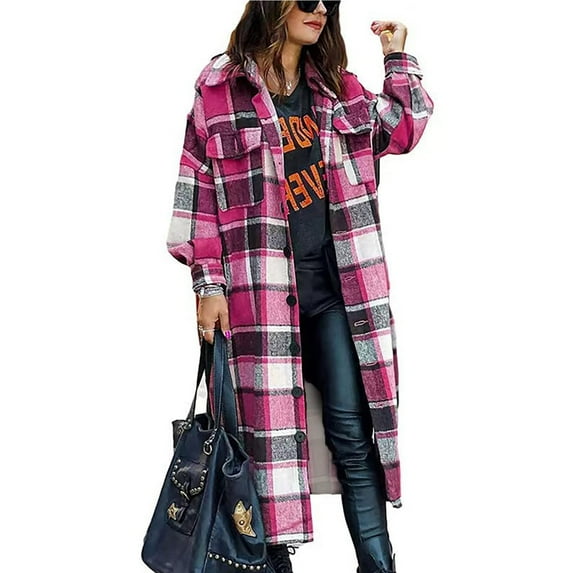 Brilliant Plus Size Clearance Women's Flannel Plaid Shacket Long Sleeve Button Down Shirts Jacket Coats with Side Pockets Pink XXL
