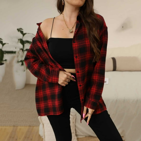 Brilliant Plus Size Clearance Women's Flannel Plaid Shacket Long Sleeve Button Down Shirts Jacket Coats with Side Pockets Red M