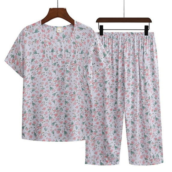 Brilliant Plus Size Sleepwear Summer Two Piece Set Short Sleeve Round Neck Pajama Set Printed Tops Pants Set