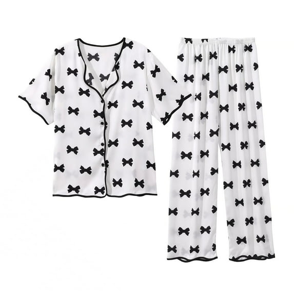 Brilliant Plus Size Sleepwear Summer Two Piece Set Short Sleeve Round Neck Pajama Set Printed Tops Pants Set