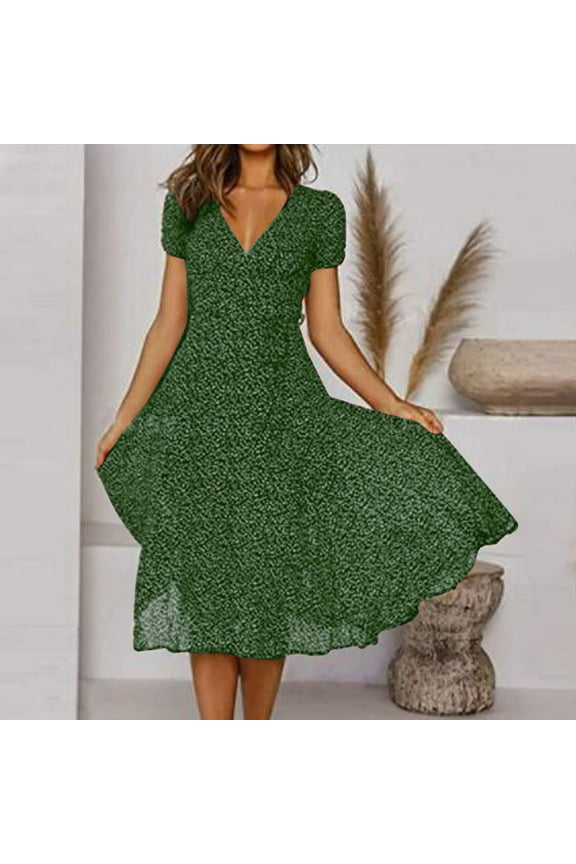 Brilliant Plus Size Womens Clothes Women Summer Dresses V-Neck Bandage Print Casual Short Sleeve Dresses Holiday Party/Green