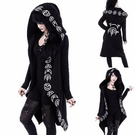 Brilliant Plus Size Womens Coats 4X-5X Winter Women Long Sleeve Punk Print Hooded Black Cardigan Jacket Coat Plus Size Clearance Clothes under $5.00