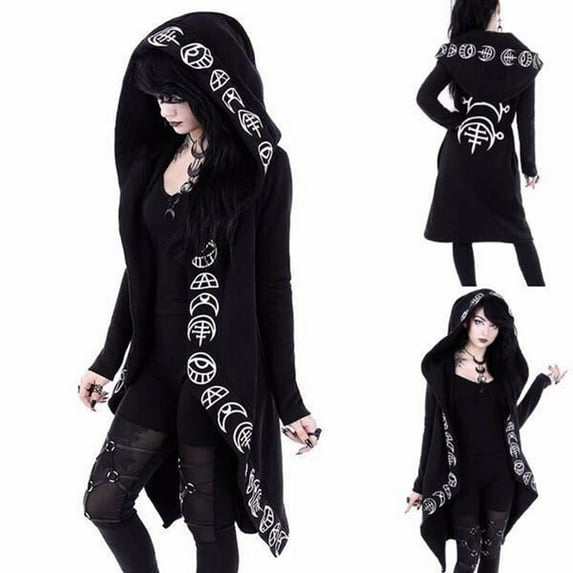 Brilliant Plus Size Womens Coats 4X-5X Winter Women Long Sleeve Punk Print Hooded Black Cardigan Jacket Coat Plus Size Clothes under $5.00