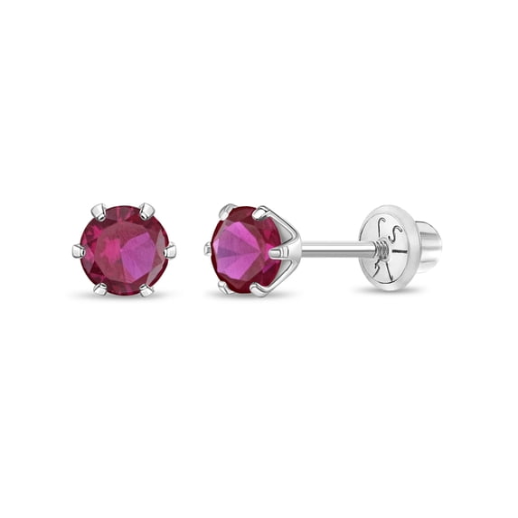 Brilliant Prong Simulated Ruby Girls Earrings Screw Back 14k White Gold