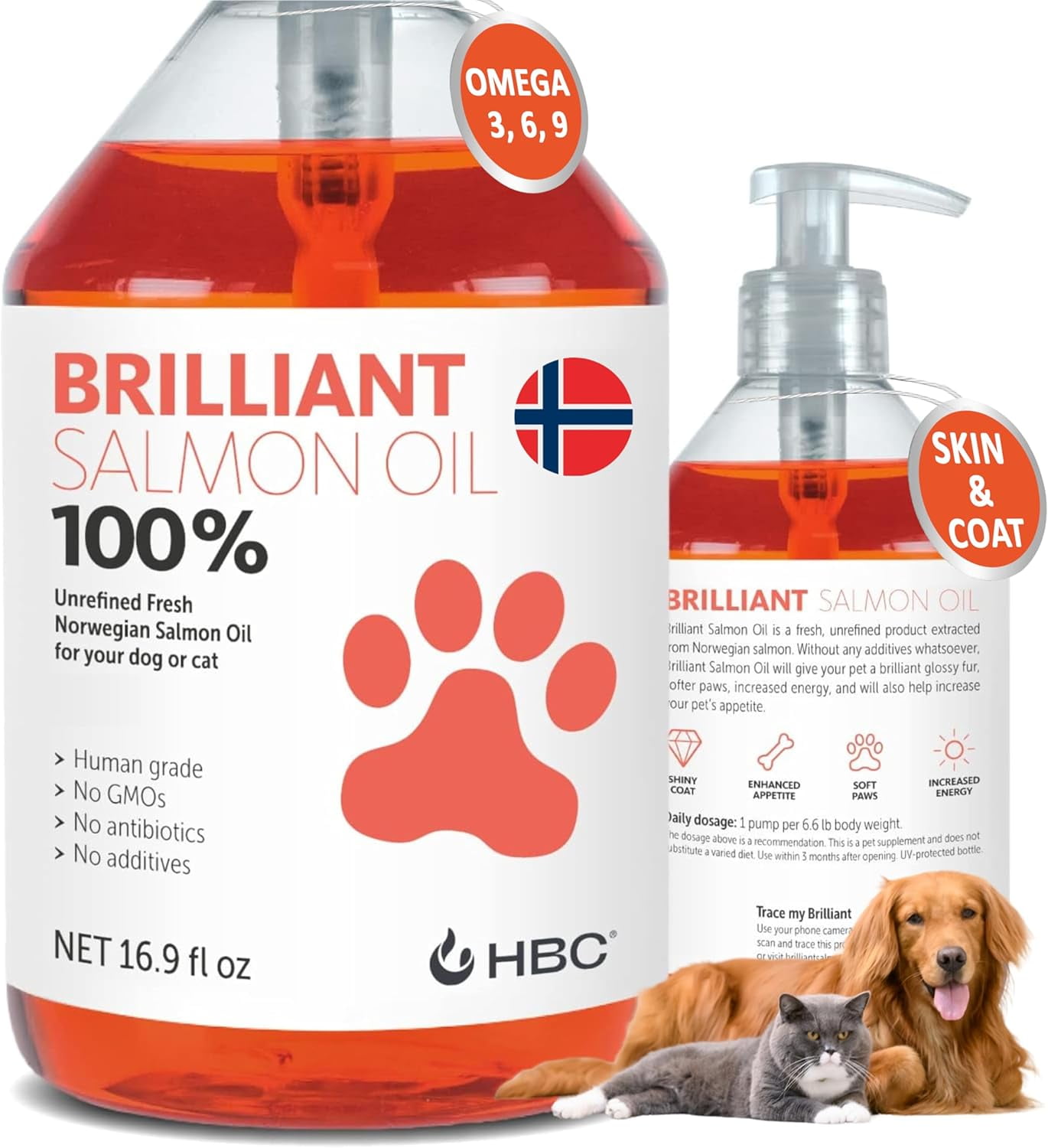 Brilliant Salmon Oil for Dogs and Cats, All-Natural Norwegian Fish Oil Omega 3 Supplements for Pets, 16.9 fl oz