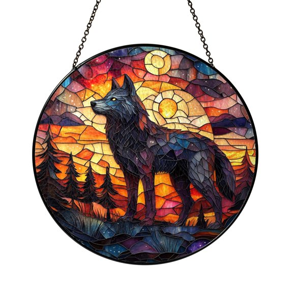 Brilliant Shadow Wolf with Northern Lights Spring Suncatcher Glass