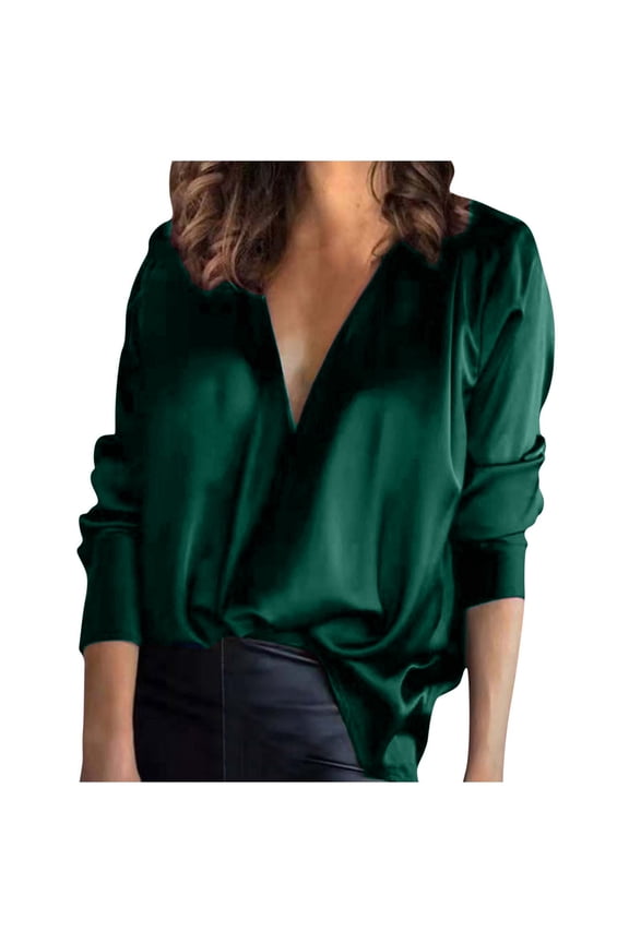 Brilliant Shirts for Women Plus Size Blouse Women's Satin Socket V-Neck Solid-color Commute Long Sleeve Blouses Shirt Tops Clothes under $5.00