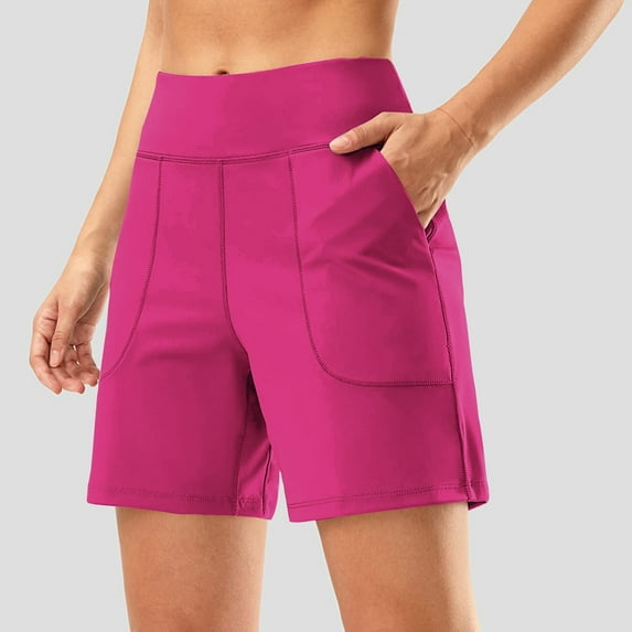 Brilliant Shorts for Women Bermuda Shorts for Women Wide Leg Yoga Shorts High Waist Athletic Long Shorts with Pockets Summer Workout Shorts Pink L