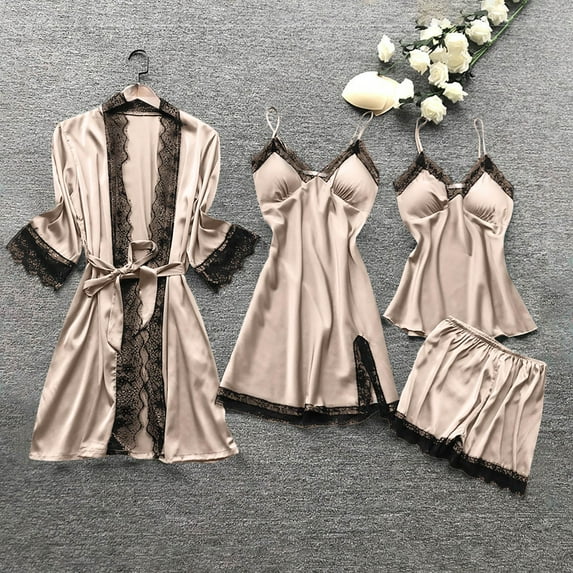 Brilliant Silk Pajamas for Women Women Silk Lace Robe Dress Sleepwear Nightdress Pajamas Tops+Short Pants+Dress+Coat Set Summer Plus Size Beige S