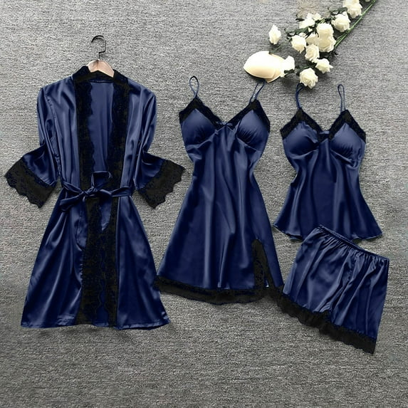 Brilliant Silk Pajamas for Women Women Silk Lace Robe Dress Sleepwear Nightdress Pajamas Tops+Short Pants+Dress+Coat Set Summer Plus Size Blue M