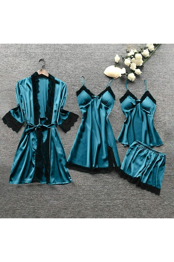 Brilliant Silk Pajamas for Women Women Silk Lace Robe Dress Sleepwear Nightdress Pajamas Tops+Short Pants+Dress+Coat Set Summer Plus Size Blue XXXL