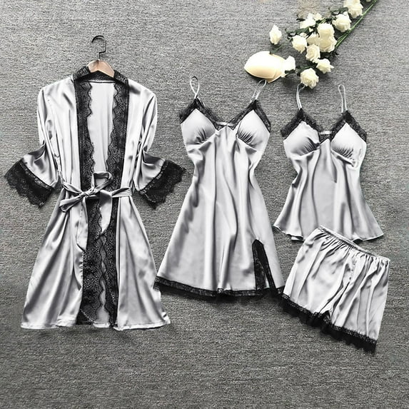Brilliant Silk Pajamas for Women Women Silk Lace Robe Dress Sleepwear Nightdress Pajamas Tops+Short Pants+Dress+Coat Set Summer Plus Size Gray M