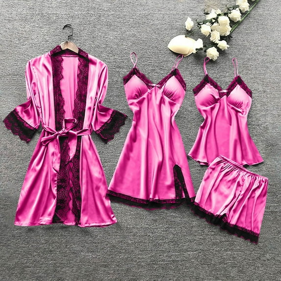 Brilliant Silk Pajamas for Women Women Silk Lace Robe Dress Sleepwear Nightdress Pajamas Tops+Short Pants+Dress+Coat Set Summer Plus Size Pink M