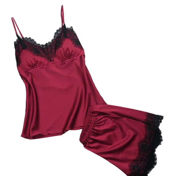 Brilliant Silk Pajamas for Women Women Sleepwear Sleeveless Strap Nightwear Lace Trim Satin Cami Pajama Sets Summer Plus Size Red M