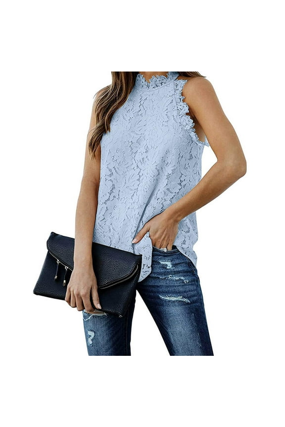 Brilliant Sleeveless Tops for Women Fashion Woman Solid Halter Lace Hollow Out Tank Tops T-shirt Blouse (Blue,M)