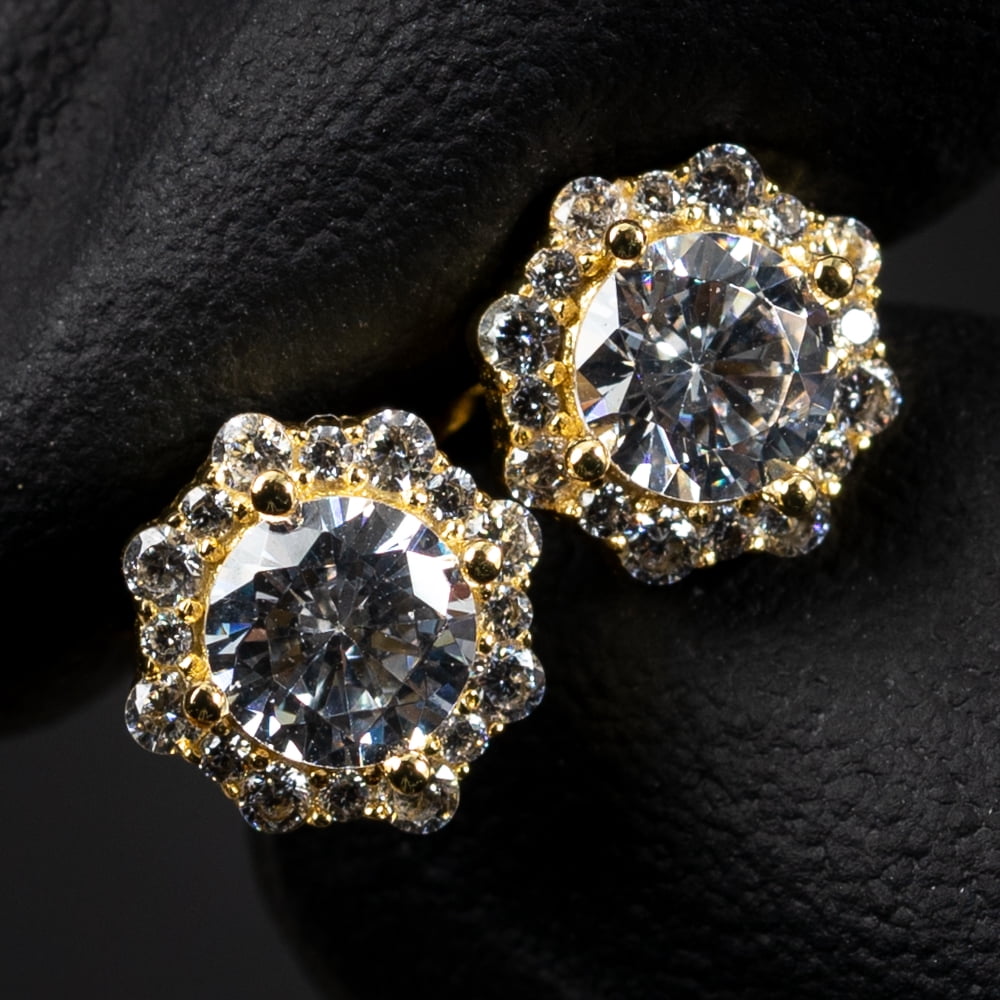 Brilliant Small 925 Sterling Silver 14K Yellow Gold Plated Flower Cluster Round Halo Unisex Iced Cz Hip Hop Hypoallergenic Men's Women's Circle Screw Back Cubic Zirconia Stud Earrings