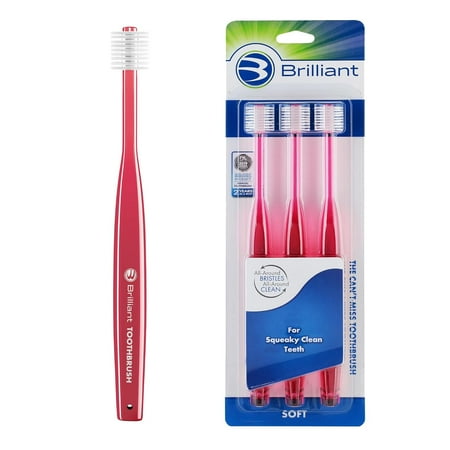 Brilliant Soft Adult Round Head Toothbrush, Over 10,000 Microfiber Micro Bristles for a Noticeably Cleaner Feeling Mouth, Red, 3pk