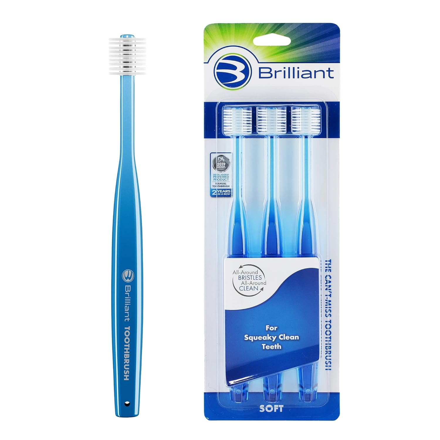 Brilliant Soft Adult Round Head Toothbrush with Super-Fine Micro Bristles, Blue, Pack of 3