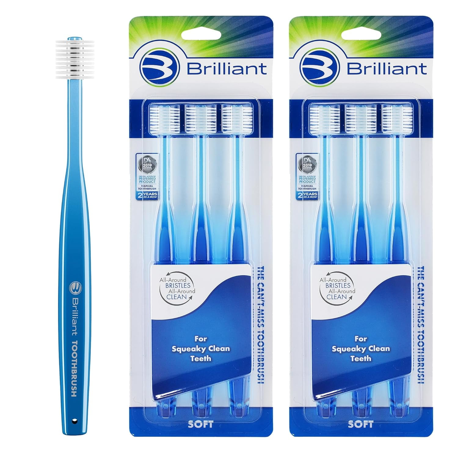Brilliant Soft Adult Toothbrush, 10,000+ Microfiber Bristles for Cleaner Mouth, Blue, 6-Pack