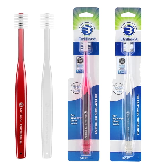 Brilliant Soft Adult Toothbrush, 10,000+ Microfiber Bristles for Cleaner Mouth, Red Clear, 2-Pack