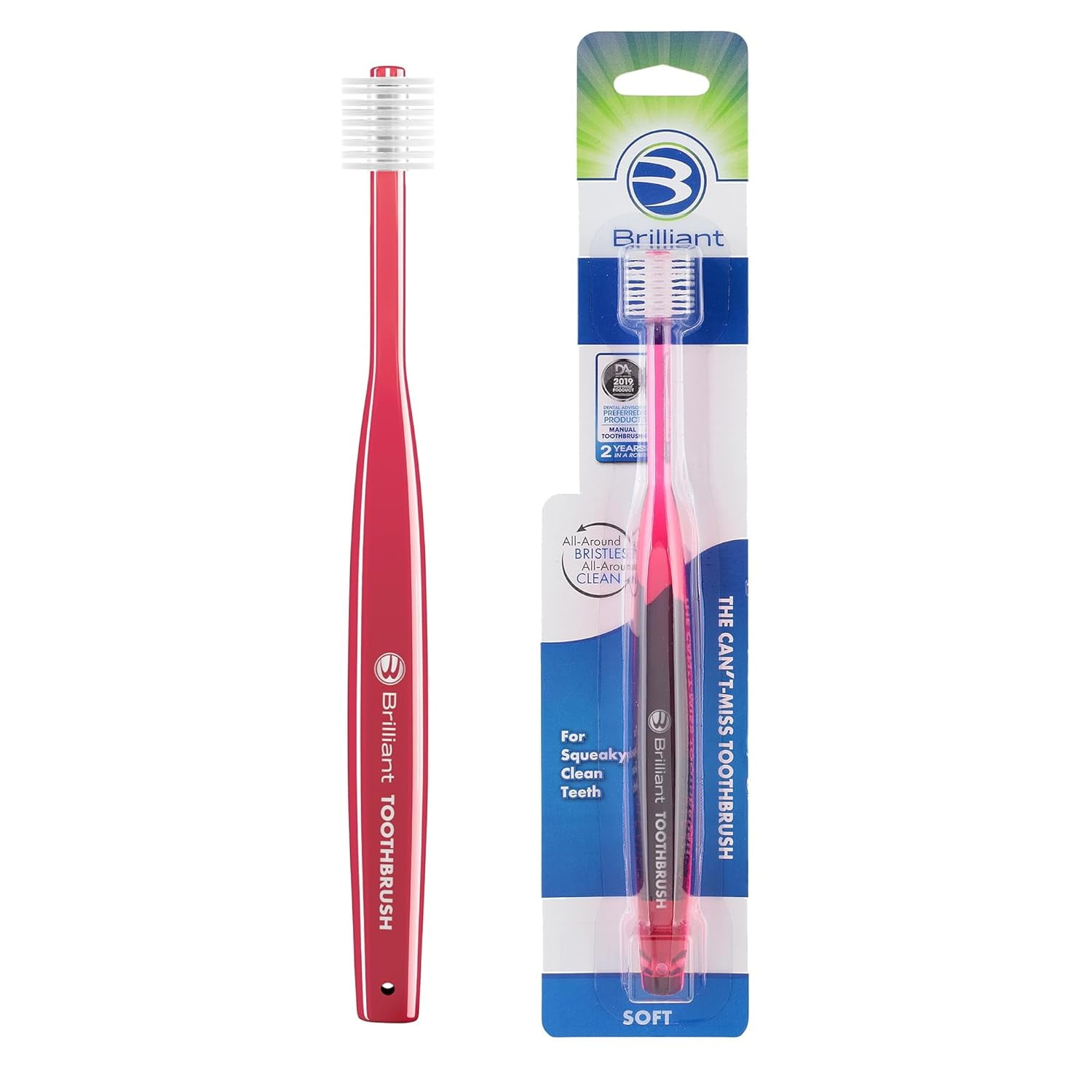 Brilliant Round Head Toothbrush - 360° Soft Bristles For Teeth, Tongue & Gums, Adult Size, Red