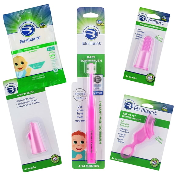 Brilliant Soft Infant Oral Care Kit 5pc - Teeth Wipes, Tissues & Toothbrushes, Pink