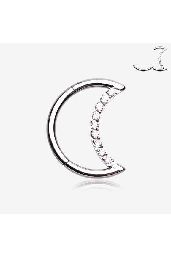Brilliant Sparkle Gem Lined Crescent Moon Seamless Clicker Hoop Ring