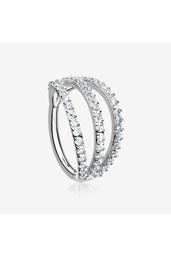 Brilliant Sparkle Gem Lined Triple Hoop Steel Seamless Clicker Hoop Ring
