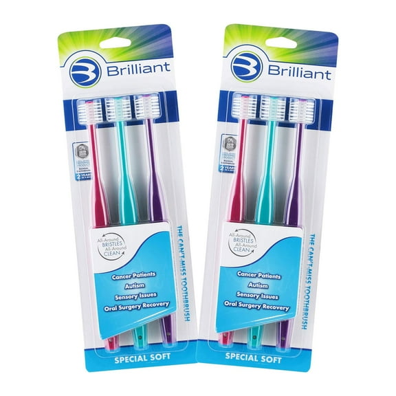 Brilliant Special Soft Manual Round Head Toothbrush, Raspberry, Teal, Violet, 6 Count