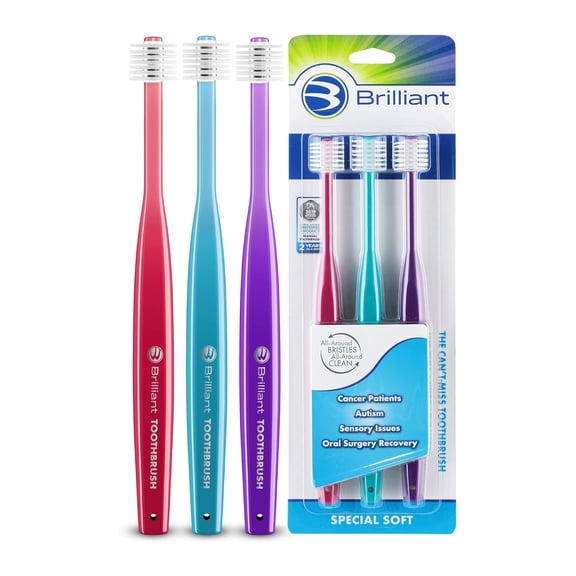 Brilliant Special Soft Round Head Toothbrush for Post Chemo, Surgery, Compromised Oral Health, Assorted 3 Count