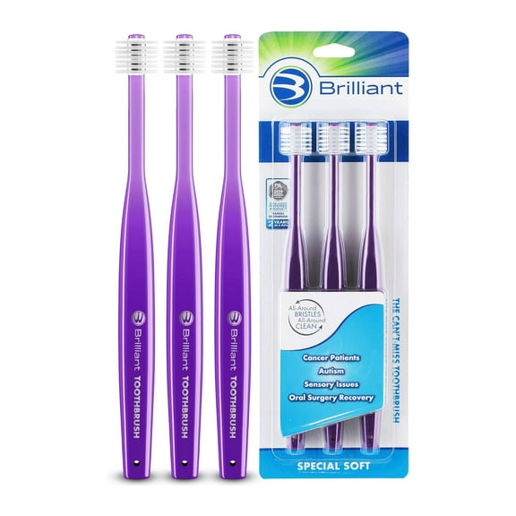 Brilliant Special Soft Round Head Toothbrush for Post Chemo, Surgery, Compromised Oral Health, Softest, Violet, 3 Count
